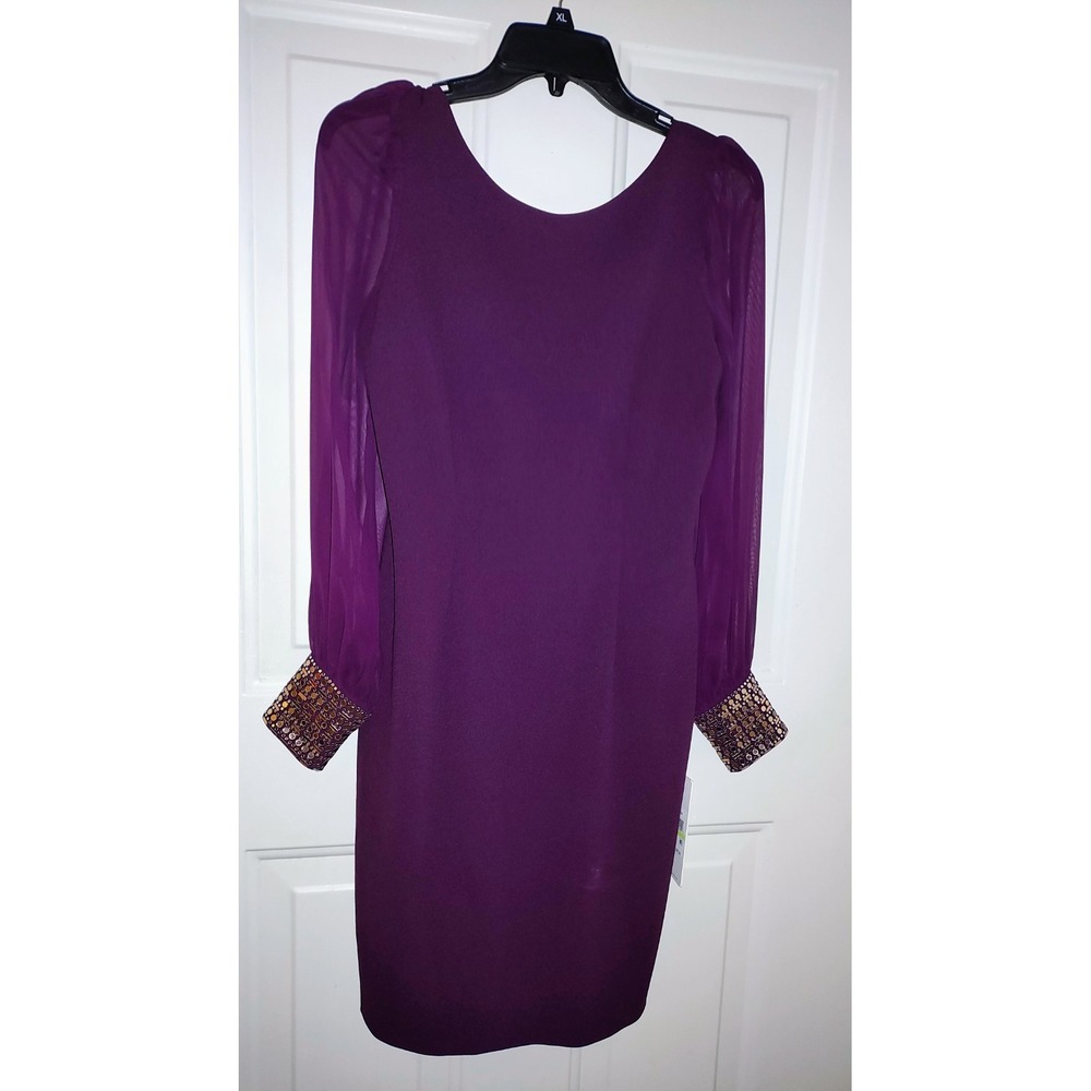 Calvin Klein Merlot DRESS with Sheer Sleeves and Embellished Sleeves Size 4